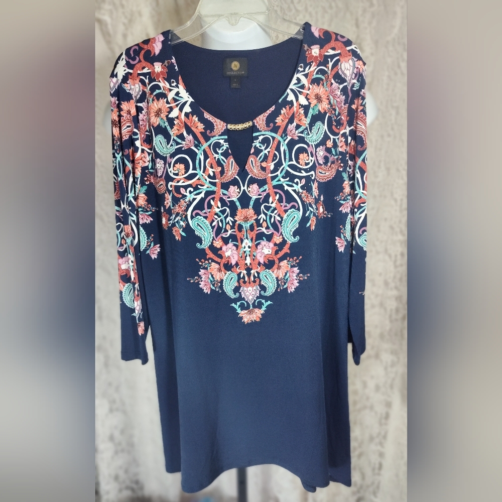 JM Collection Navy Blouse with Floral Accents Nwot